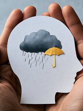 Heavy storm cloud inside paper head profile, emotional depression and therapy support concept, world mental health day