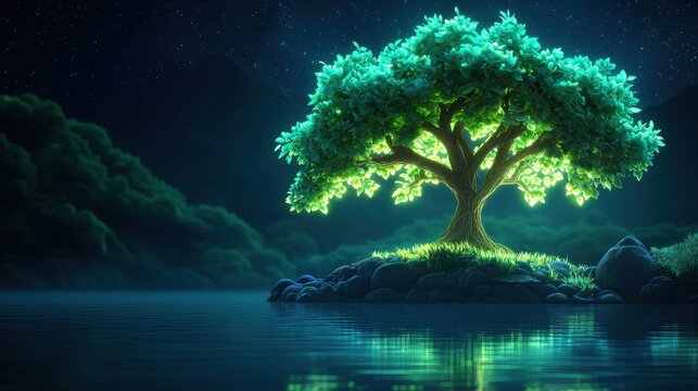 wisdom Tree of Knowledge Intricate depiction of a tree with glowing leaves, representing knowledge and enlightenment in a mystical forest setting.
