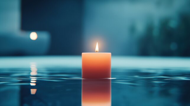 wisdom Candles Flame A single glowing candle on a reflective surface, surrounded by soft light, symbolizing enlightenment and introspection.