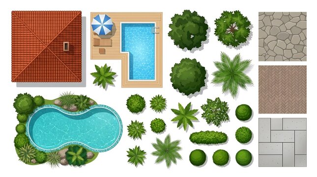 Top down illustrated landscape elements pools roof trees paving greenery photo