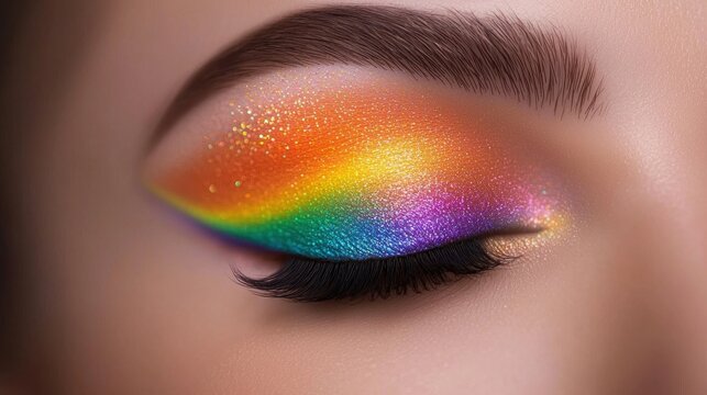 Rainbow Eye Makeup Art A bold rainbow eyeliner look combined with metallic shimmer, creating a captivating eye makeup style perfect for editorial visuals.