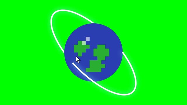 Animation of a retro pixel art spinning globe with an orbit ring and cursor on a green screen. Simulates classic internet browsing concepts