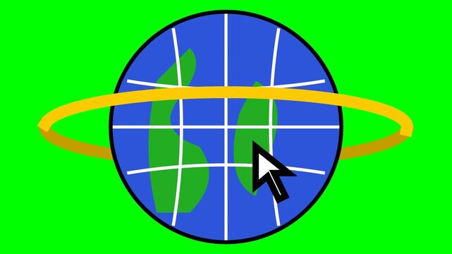 Animation of a spinning globe with a yellow ring and a mouse cursor on a green screen. Simulates internet browsing and global network concepts.