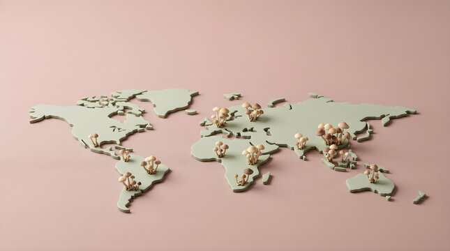 Stylized world map with shiny, golden-capped fungi strategically placed on continents, depicting global interconnectedness, expansion, or a worldwide network