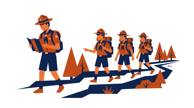 Scout leader reading a map while leading a group of young scouts on a hiking trail in nature