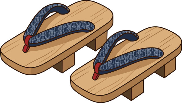 Traditional Japanese Geta Wooden Clogs Vector Illustration Featuring Seigaiha Wave Pattern Hanao Straps and Isometric View Design
