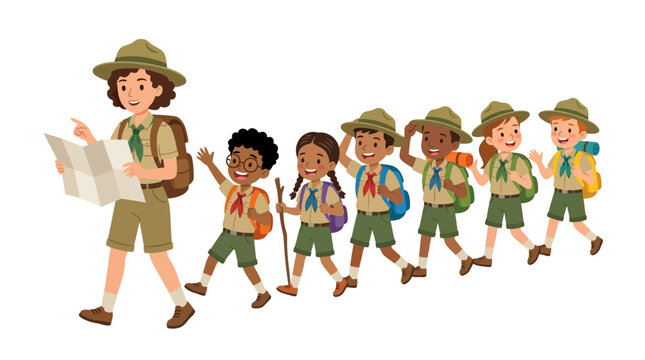 Cartoon Scout Children Hiking with a Female Scout Leader Holding Map and Guiding Them on White Background