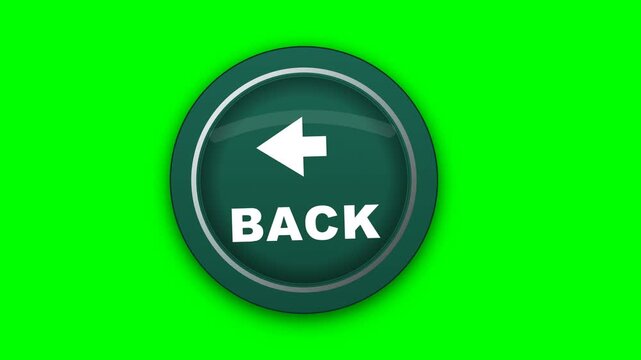 3D animation of a round green "BACK" button with a white arrow on a green screen. Ideal for user interface navigation in web and app design