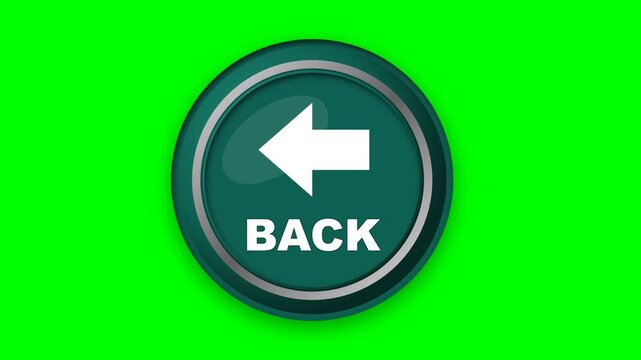 3D animation of a round green "BACK" button with a white arrow on a green screen. Ideal for user interface navigation in web and app design