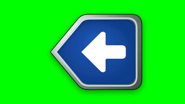 3D animation of a pentagonal blue left arrow navigation button with a grey border on a green screen. Ideal for user interface navigation in web and app design