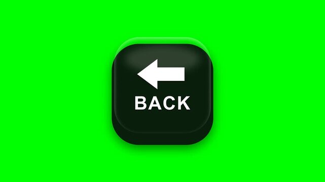 3D animation of a black square "BACK" button with a white arrow and green accent on a green screen. Ideal for user interface navigation in web and app design