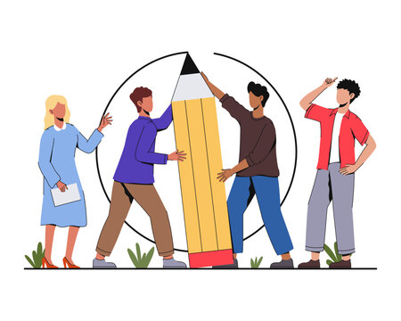Creative Team Brainstorming with Giant Pencil
