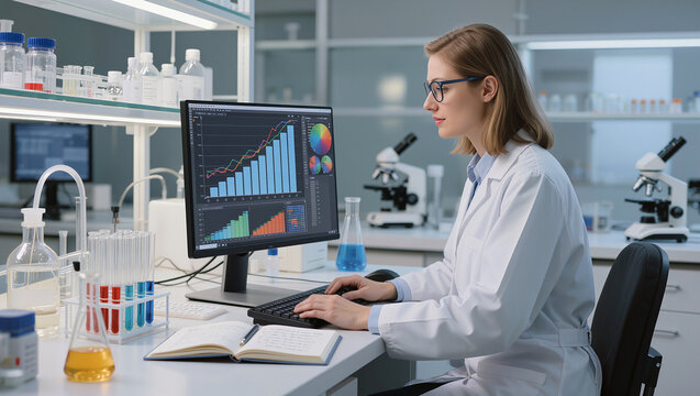 Scientist working on computer with data graphs in modern laboratory