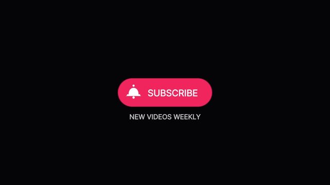 Red subscribe button animation with notification bell icon, new videos weekly text banner, clean motion graphic design isolated on black background for content creators