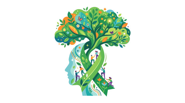 Graphic representation of a human mind profile merging with a flourishing green tree and ribbon.