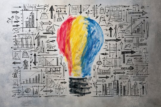 The Colorful Light Bulb Sketch Surrounded by Concept Diagrams and Arrows