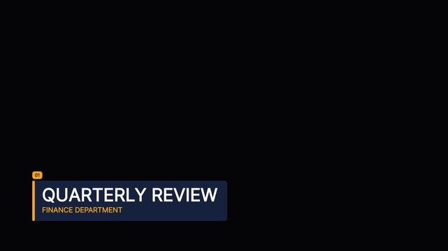 Quarterly review lower third graphic with blue and orange accent box on black background, finance department corporate presentation broadcast overlay element