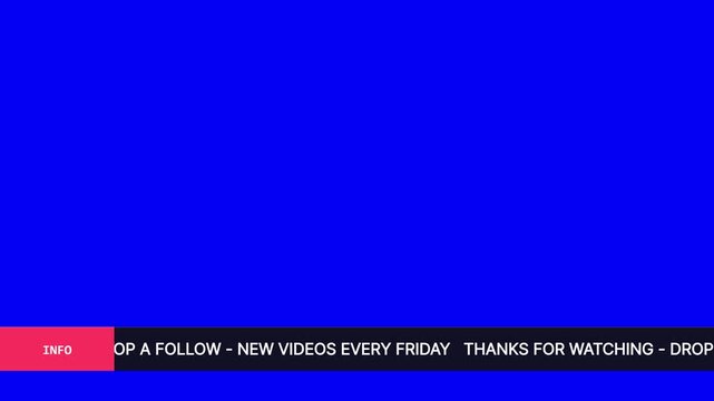 Social media ticker bar with text on solid blue screen chroma key, scrolling informational footer overlay for video editing, follow reminder graphic animation