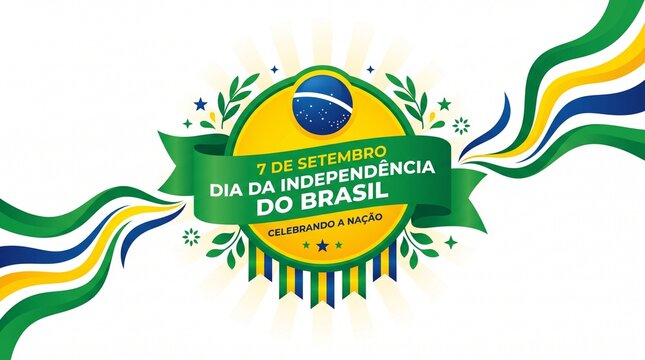 Brazil Independence Day banner with green and yellow ribbons. Dia da Independencia do Brasil 7 de Setembro celebration graphic. Brazilian national holiday poster.