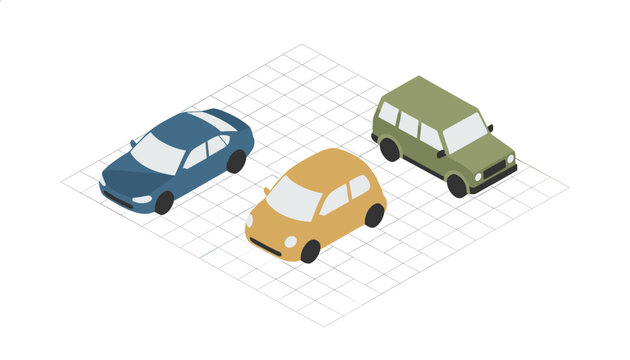 Isometric vector illustration of three different passenger cars parked on a perspective grid background.