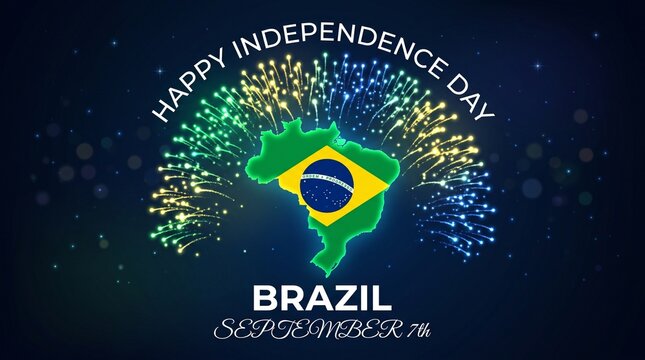Brazil Independence Day celebration banner, map of Brazil with flag and fireworks, September 7th national holiday poster
