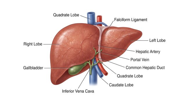 Labeled Human Liver Anatomy Diagram with Lobes Gallbladder Portal Vein Hepatic Structures