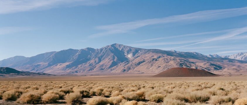 The Desert Landscape Under Expansive Blue Sky With Distant Mountain Range