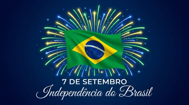Brazil Independence Day celebration banner, 7 de Setembro Independencia do Brasil with flag and fireworks, patriotic Brazilian holiday background