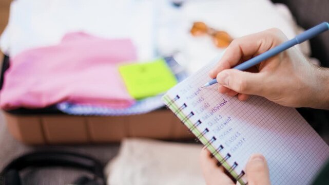 Person checking off items on a travel packing list in notebook during vacation preparation. Passport and packed baggage in background. High quality 4k footage