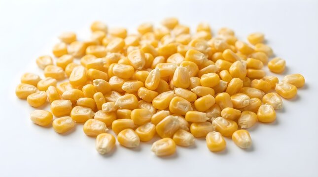 Heap of fresh sweet yellow corn kernels on a clean white background