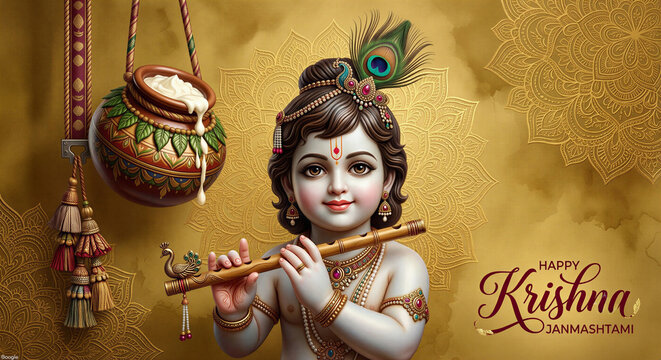 Happy Krishna Janmashtami - Adorable Baby Krishna Playing Flute with Dahi Handi and Peacock Feather