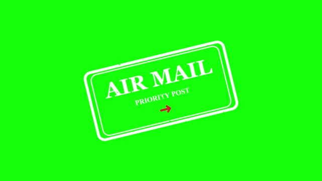 Air Mail Priority Post rubber stamp animation on green screen background, white ink postmark stamp zooming in and out, chroma key postal delivery and logistics concept