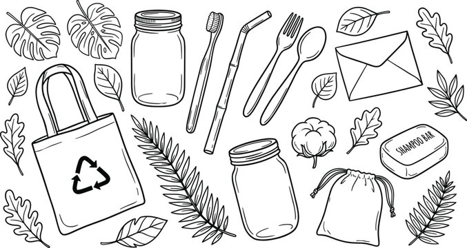 Zero waste lifestyle doodle icon pattern with reusable tote bag glass jars bamboo toothbrush and eco leaves