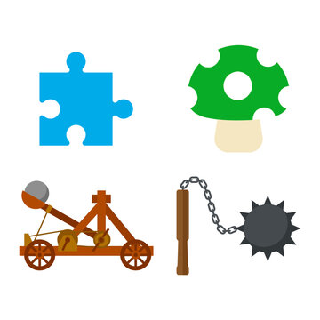 Collection of flat vector icons featuring a blue puzzle piece, green mushroom, wooden catapult, and a spiked flail weapon