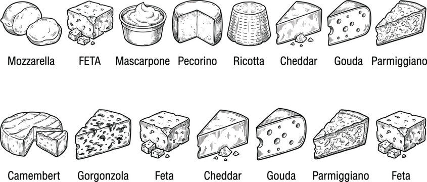 Hand drawn cheese varieties vintage engraving vector set including mozzarella cheddar gouda feta ricotta parmigiano camembert gorgonzola pieces