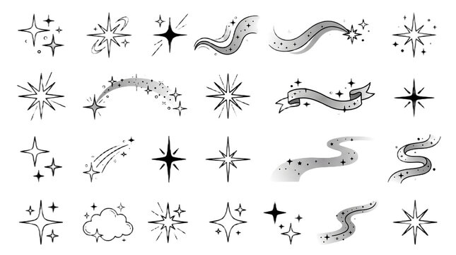 Y2K star icons with sparkling light rays isolated on white background. Vector illustration of retro sparkle bursts, glittering cosmic elements for tattoo designs, vintage space graphic projects