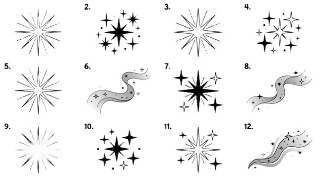 Y2K star icons with sparkling light rays isolated on white background. Vector illustration of retro sparkle bursts, glittering cosmic elements for tattoo designs, vintage space graphic projects