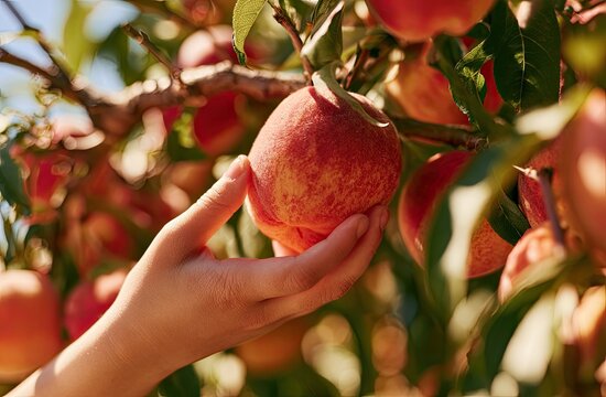Hand reaching to pick ripe, fuzzy fruit from a sunlit branch