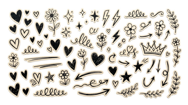 Cute paper sticker set with arrows, hearts and stars, handmade scrapbook collage, diary notebook crown, craft cutout texture, Y2K grunge vector
