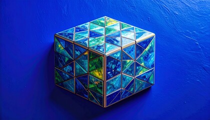 Obraz premium Colorful Geometric Glass Cube on Blue Background.