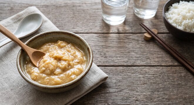 Creamy Fermented Durian Paste (Tempoyak) in a Rustic Wooden Bowl with Banana Leaf on Table