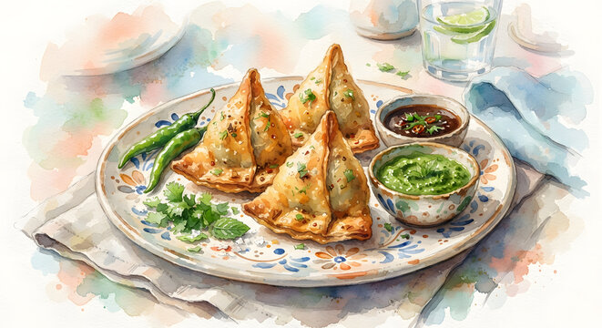 Appetizing Indian samosa plate with chutneys