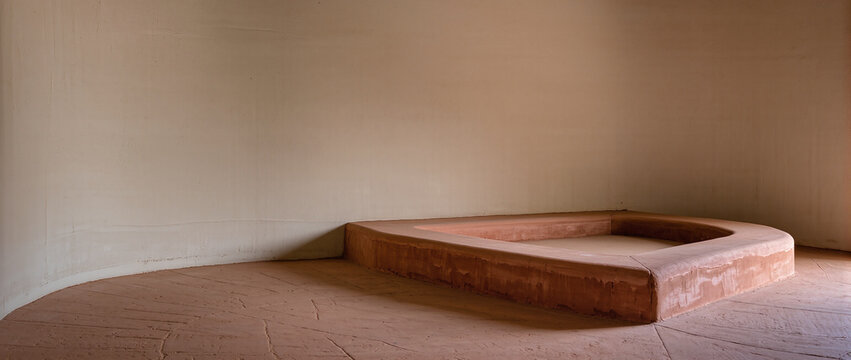 Minimalist interior with curved beige walls and a raised terracotta platform. Earthy empty room with a square display stage for product mockups