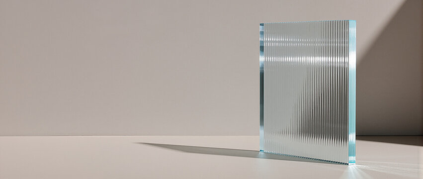 Ribbed glass panel standing on a beige surface. Textured glass sheet casting a sharp shadow against a pale wall. Minimalist architectural background