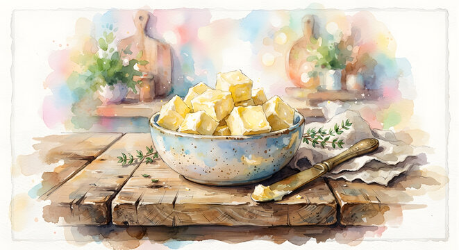 Bowl of fresh butter cubes on a rustic wooden table