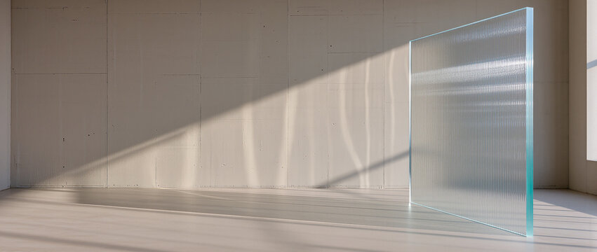 Fluted glass partition in a modern empty room. Textured glass panel with sunlight and shadows on a pale concrete wall