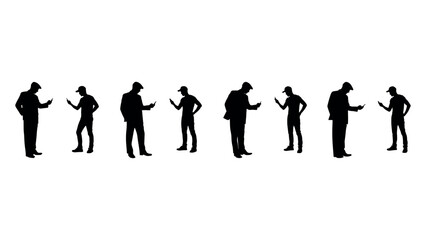 Fototapeta premium Man standing silhouettes looking at mobile phone set in various casual poses vector graphic.