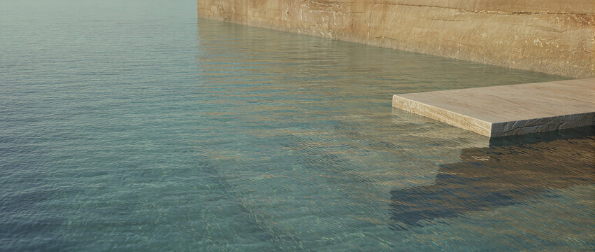 Stone platform extending into clear turquoise water. Minimalist product display stage with concrete wall background. Modern outdoor mockup with water ripples