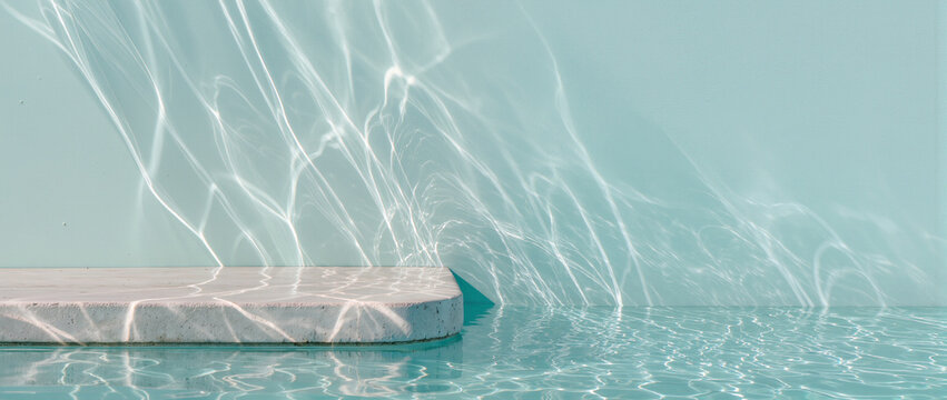 Stone pedestal in shimmering turquoise water. Minimalist product display stage with caustic water ripple reflections on mint green wall. Clean skincare mockup background