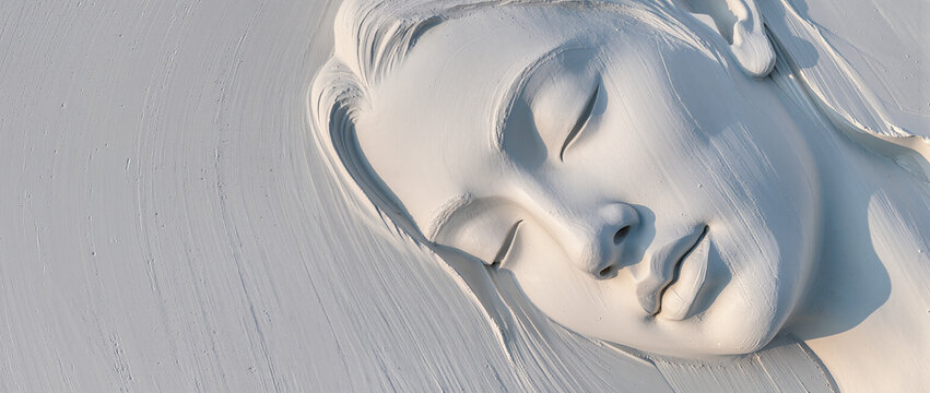 Close up of a white clay relief sculpture of a woman's face. Textured plaster artwork with closed eyes. Monochromatic artistic background